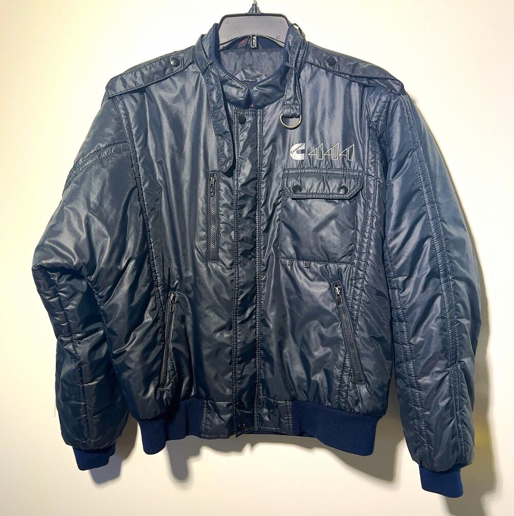 VTG Cummings 444 Upstream Racing Bomber Jacket Mens L Blue Full Zip Lined Pocket